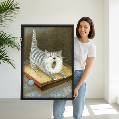 Woman holding funny yawning tabby cat framed canvas wall art, black frame, vintage oil painting style grey striped cat stretching, minimalist white room display