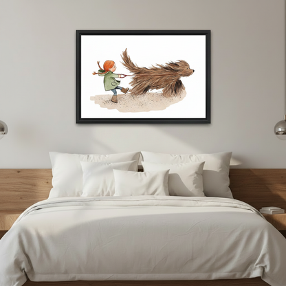 Girl & Giant Dog whimsical watercolor wall art — frameless gallery wrap canvas displayed above an entryway console