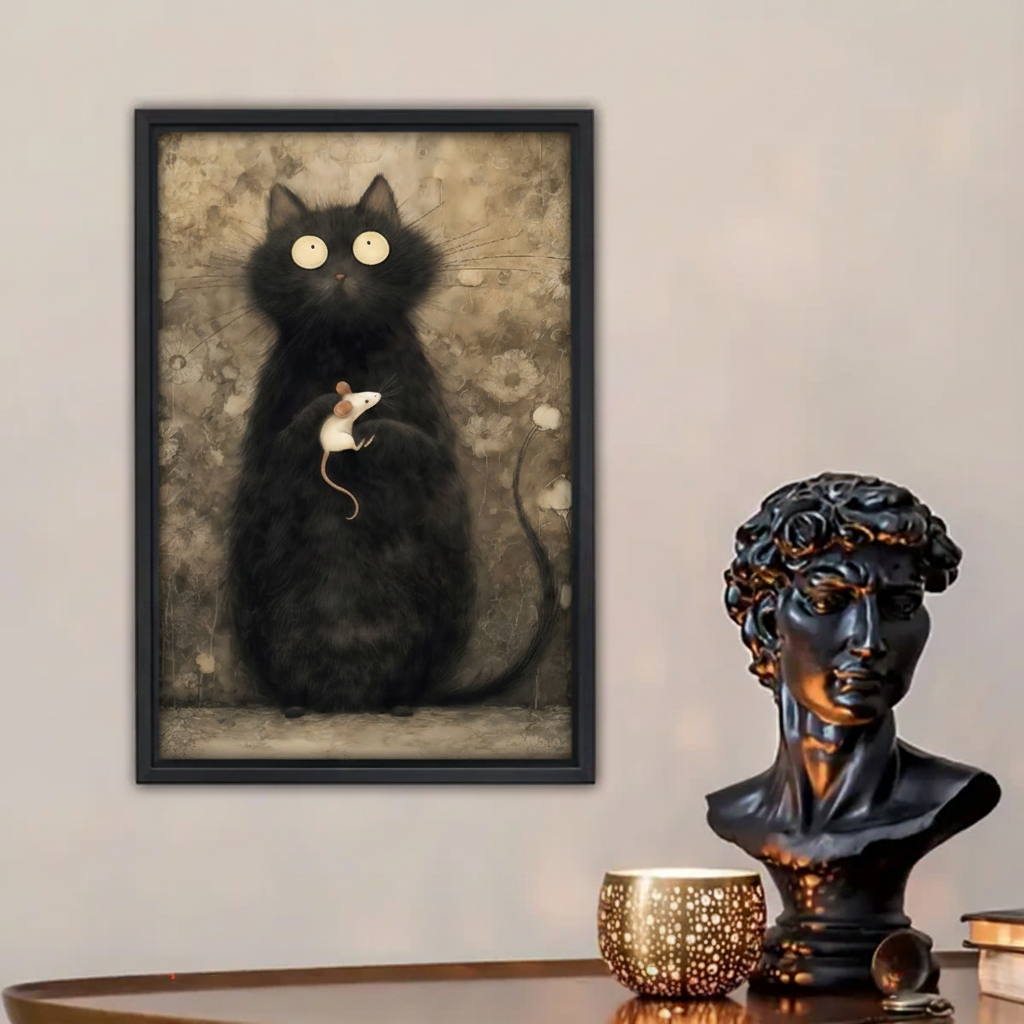 Vintage black cat holding mouse framed canvas print displayed beside bronze sculpture – gothic wall art
