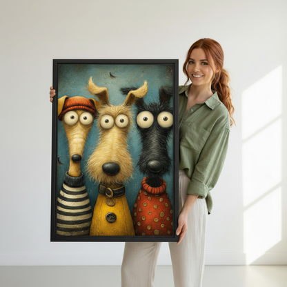 Woman holding whimsical three dogs folk art canvas wall art — funny cartoon dog oil painting framed print, perfect dog lover gift