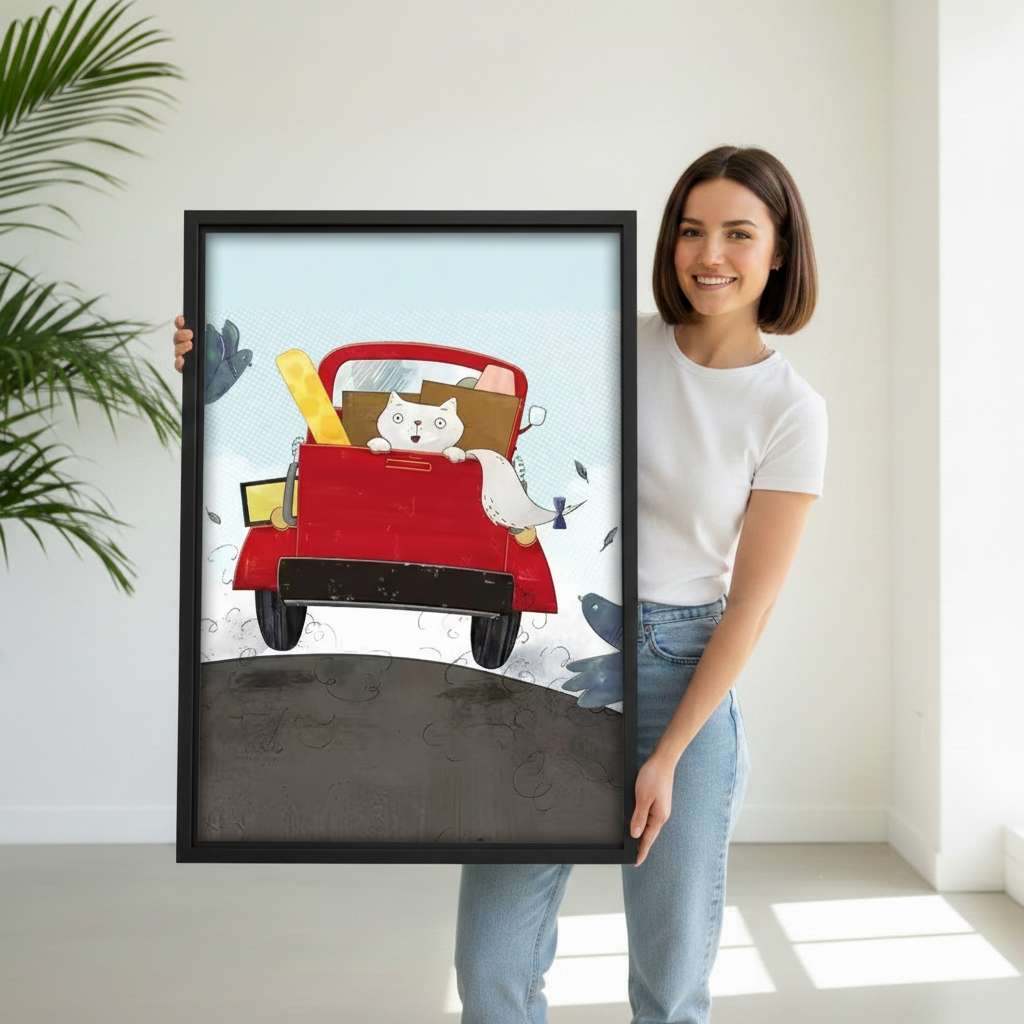 Cute cat moving day whimsical wall art in black frame held by woman — adorable white cat on red truck print, perfect gift for cat lovers
