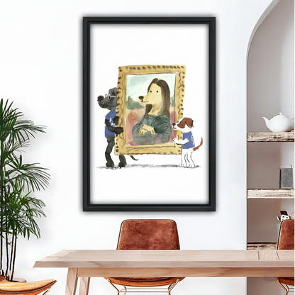 Funny dog Mona Lisa framed canvas wall art held by woman, humorous watercolor parody print with dogs carrying famous painting, unique gift idea