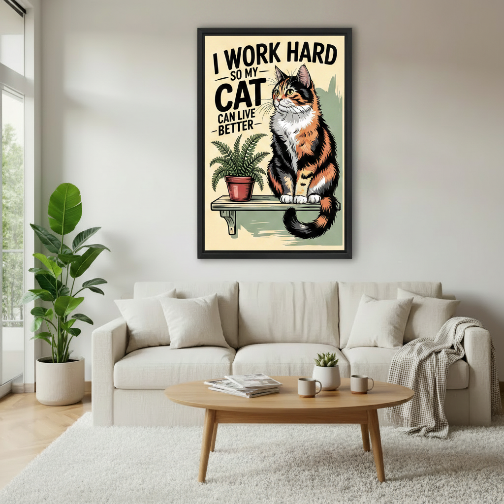 Funny cat quote retro poster canvas wall art in black frame in minimalist living room — I Work Hard So My Cat Can Live Better illustration