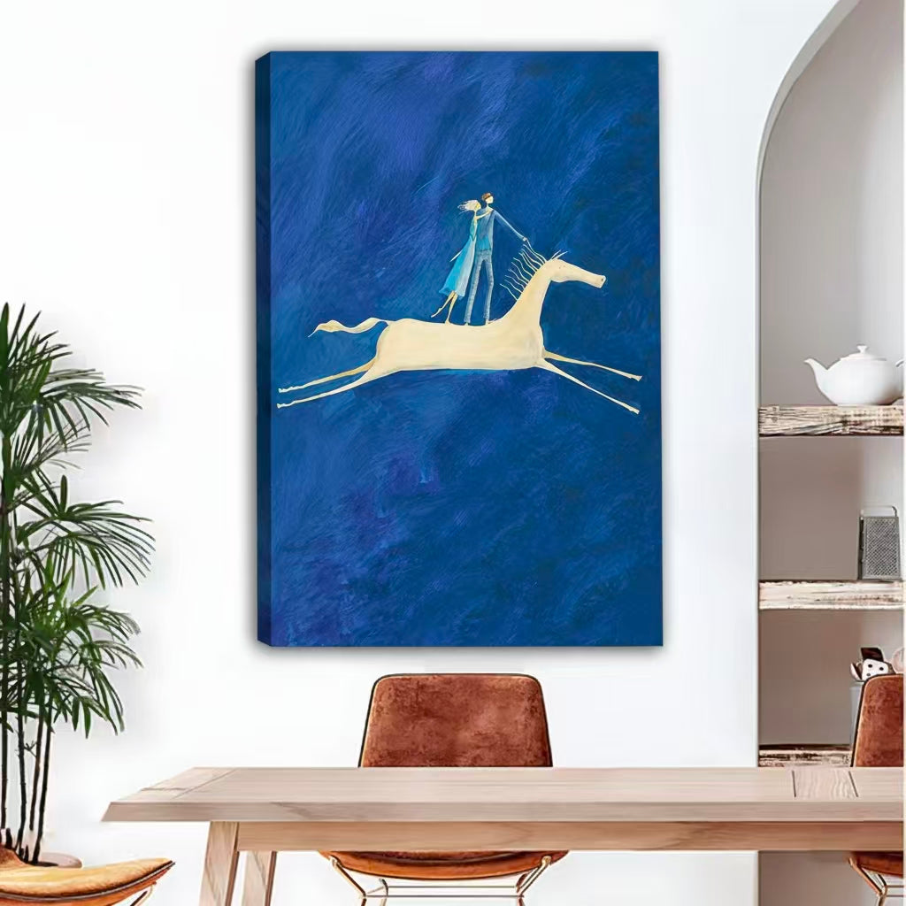 Whimsical blue horse couple canvas art gallery wrap with image-wrapped edges in modern dining room