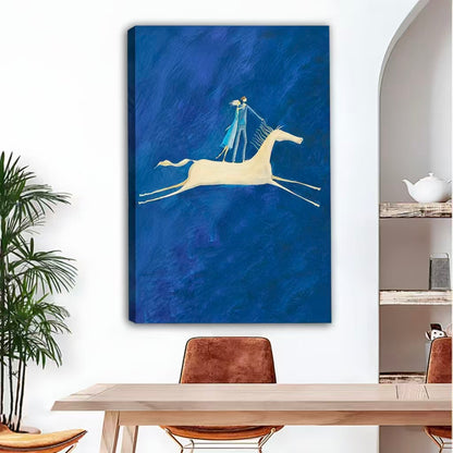 Whimsical blue horse couple canvas art gallery wrap with image-wrapped edges in modern dining room