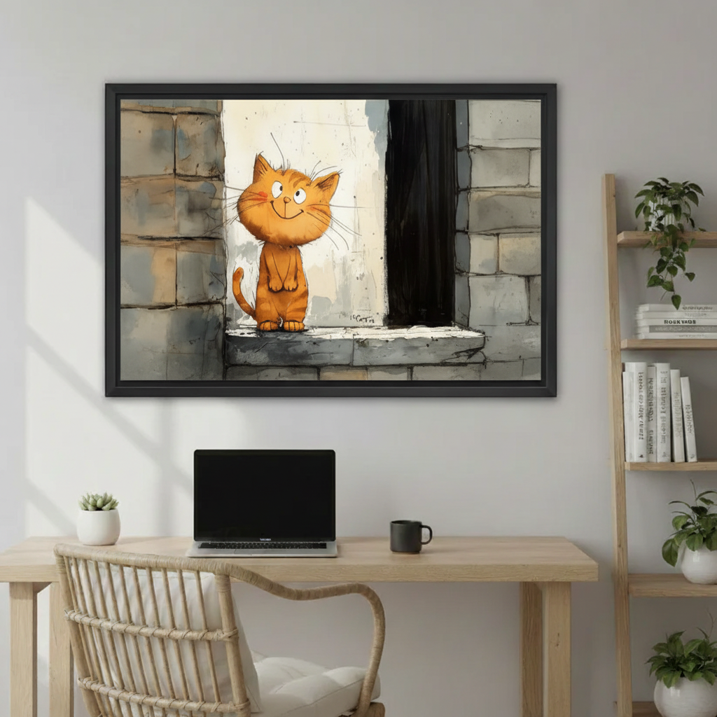 Funny Orange Cat Canvas Wall Art - Colorful Cat Portrait Framed Print
