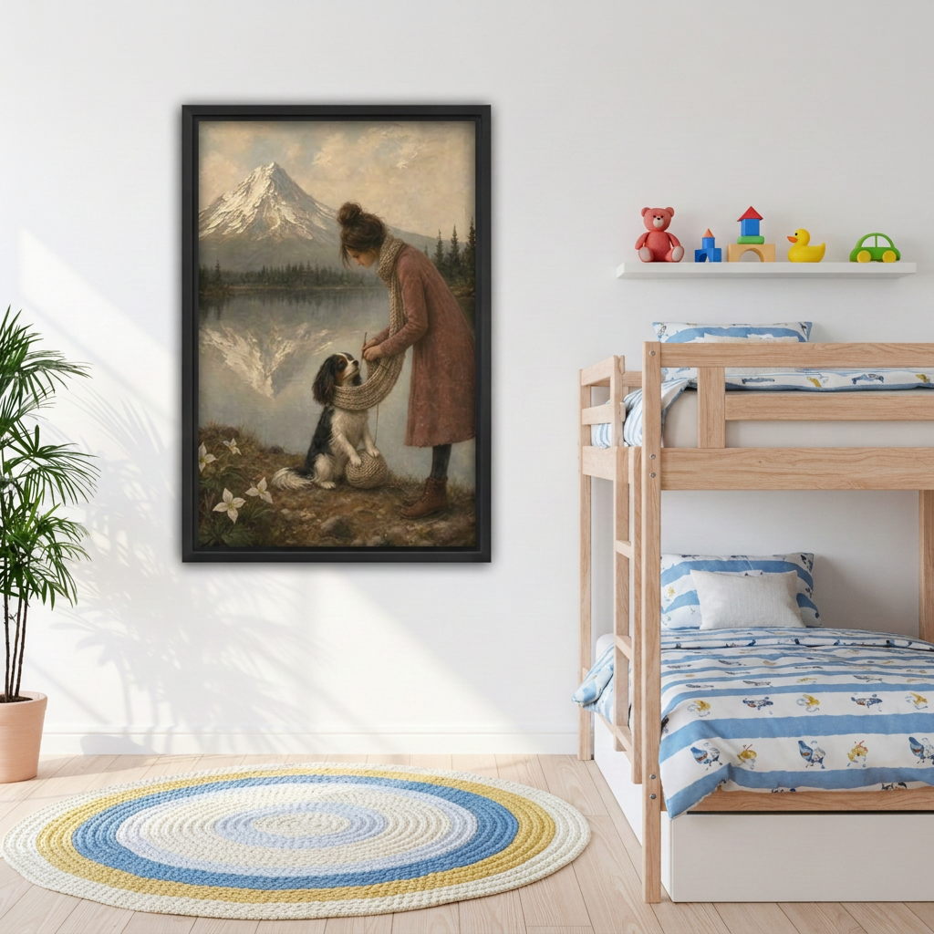 Vintage Woman and Dog by Mountain Lake Canvas Wall Art | Framed & Unframed l4932