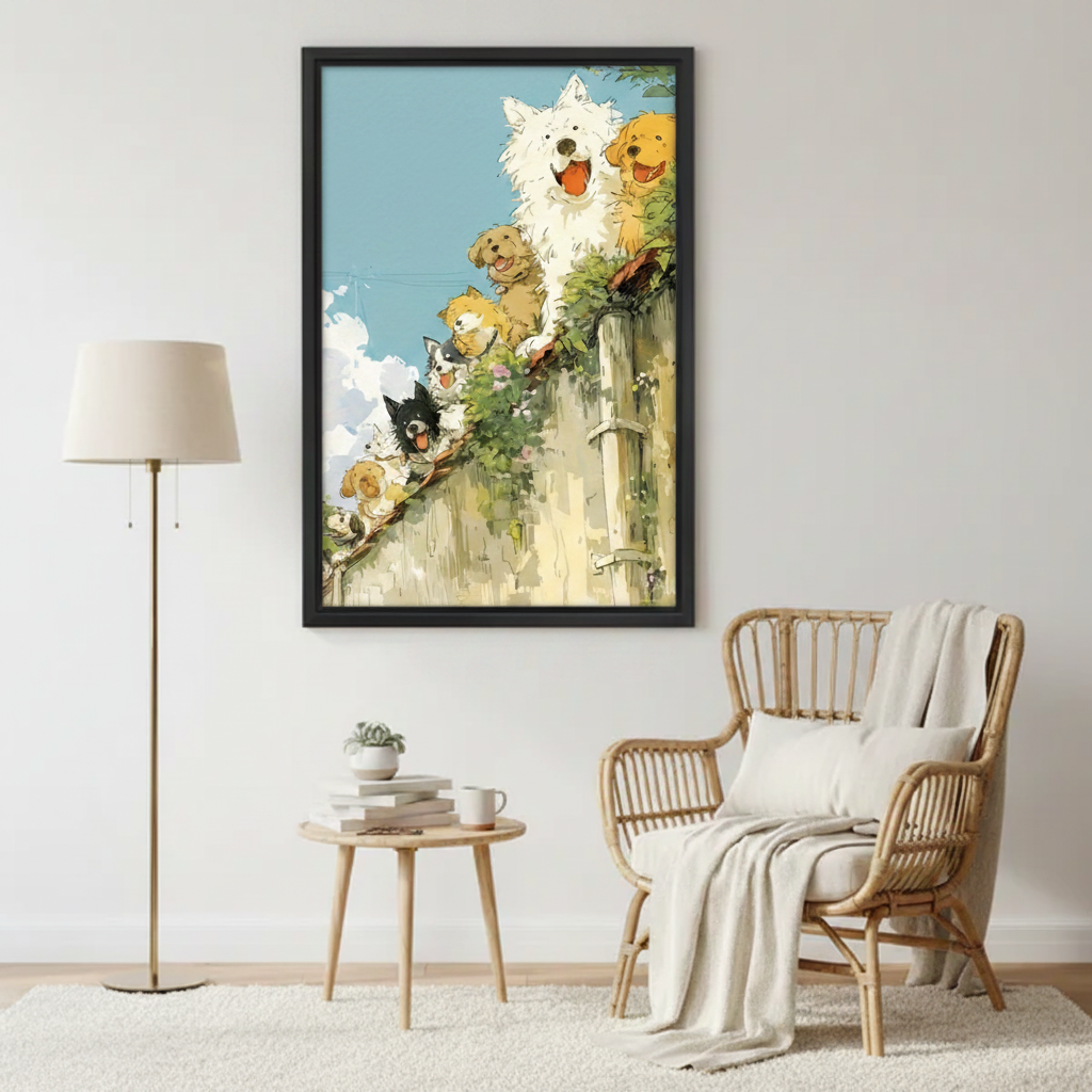 Cute Dogs Over Fence Anime Wall Art Print l2007