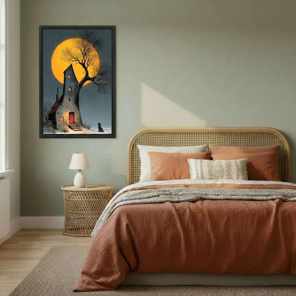 Gothic moonlit cottage dog framed print in cozy bedroom with sage green walls — moody night wall art
