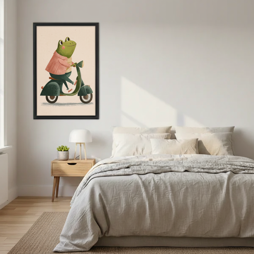 Frog Riding Scooter Cute Wall Art Print Framed l2039