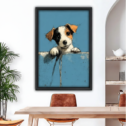Cute puppy peeking framed canvas wall art held by woman, Jack Russell terrier sketch print on blue background, fun dog lover gift