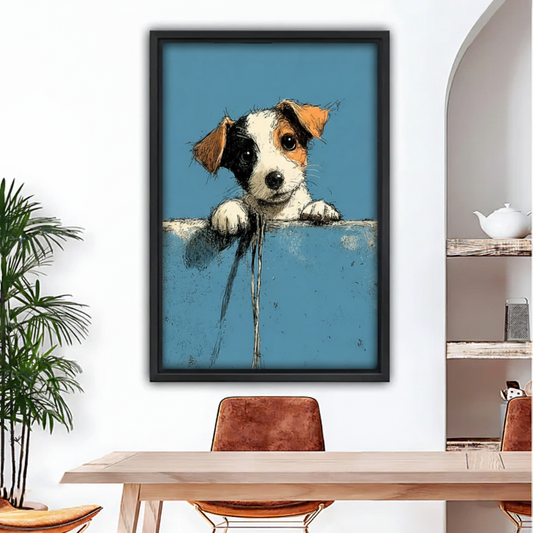 Cute puppy peeking framed canvas wall art held by woman, Jack Russell terrier sketch print on blue background, fun dog lover gift