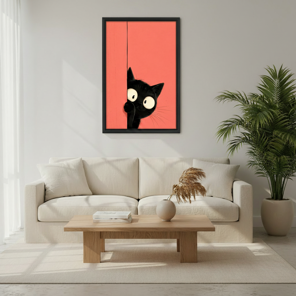 Funny black cat framed wall art hanging in modern living room above sofa