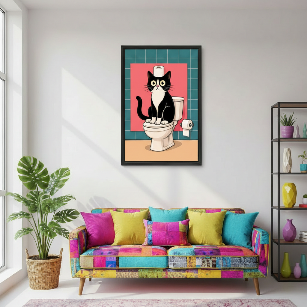 Funny cat on toilet pop art canvas wall art in black frame above colorful sofa in vibrant eclectic living room