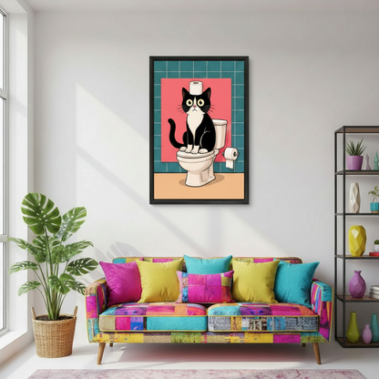 Funny cat on toilet pop art canvas wall art in black frame above colorful sofa in vibrant eclectic living room