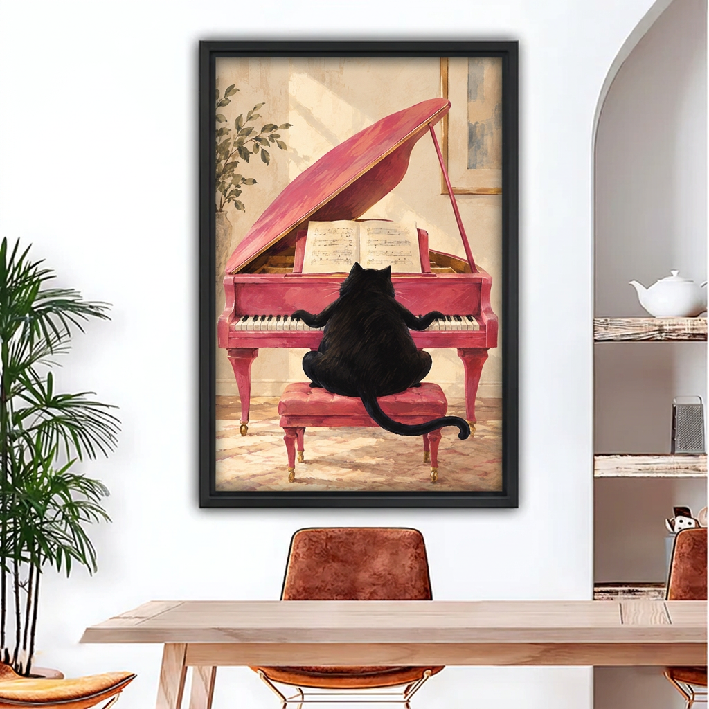 Whimsical Black Cat Playing Piano Canvas Wall Art | Framed & Unframed l4931