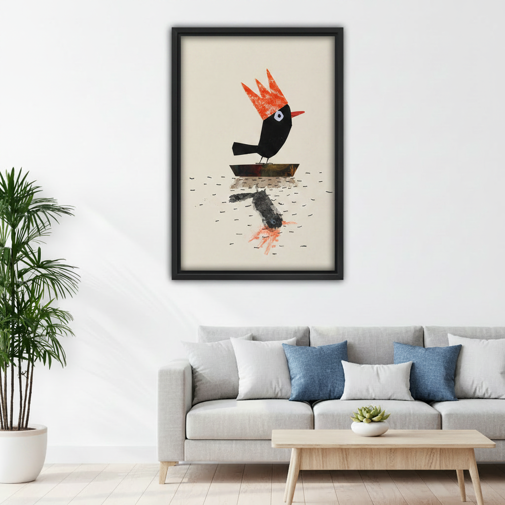 Whimsical black bird orange crown canvas wall art print displayed above bed in cozy modern bedroom