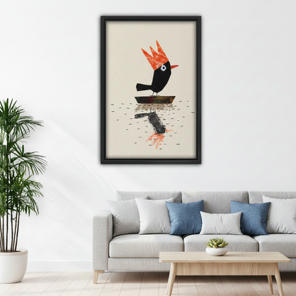 Whimsical black bird orange crown canvas wall art print displayed above bed in cozy modern bedroom