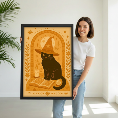 Woman holding mystical black cat witch hat folk art wall art print, boho witchy illustration, perfect gift for cat lovers