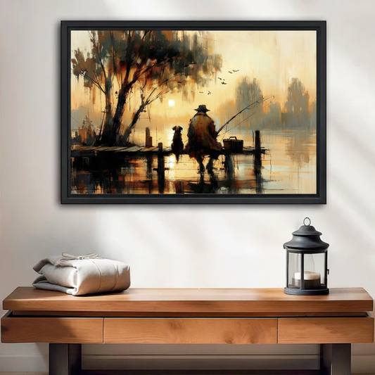 Fisherman and dog sunset dock framed canvas wall art, golden oil painting style