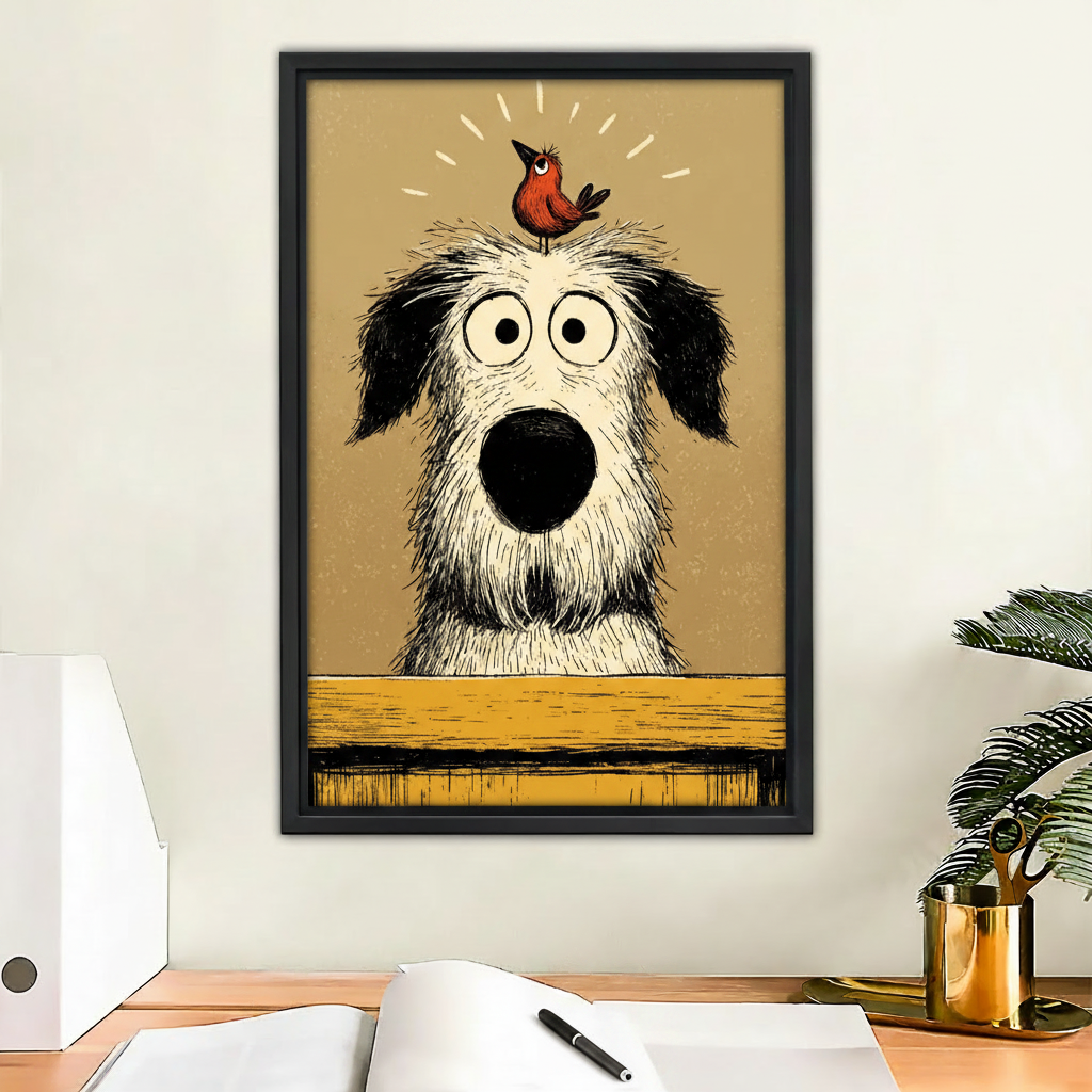 Funny dog and red bird framed canvas print hanging above wooden desk — whimsical wall art