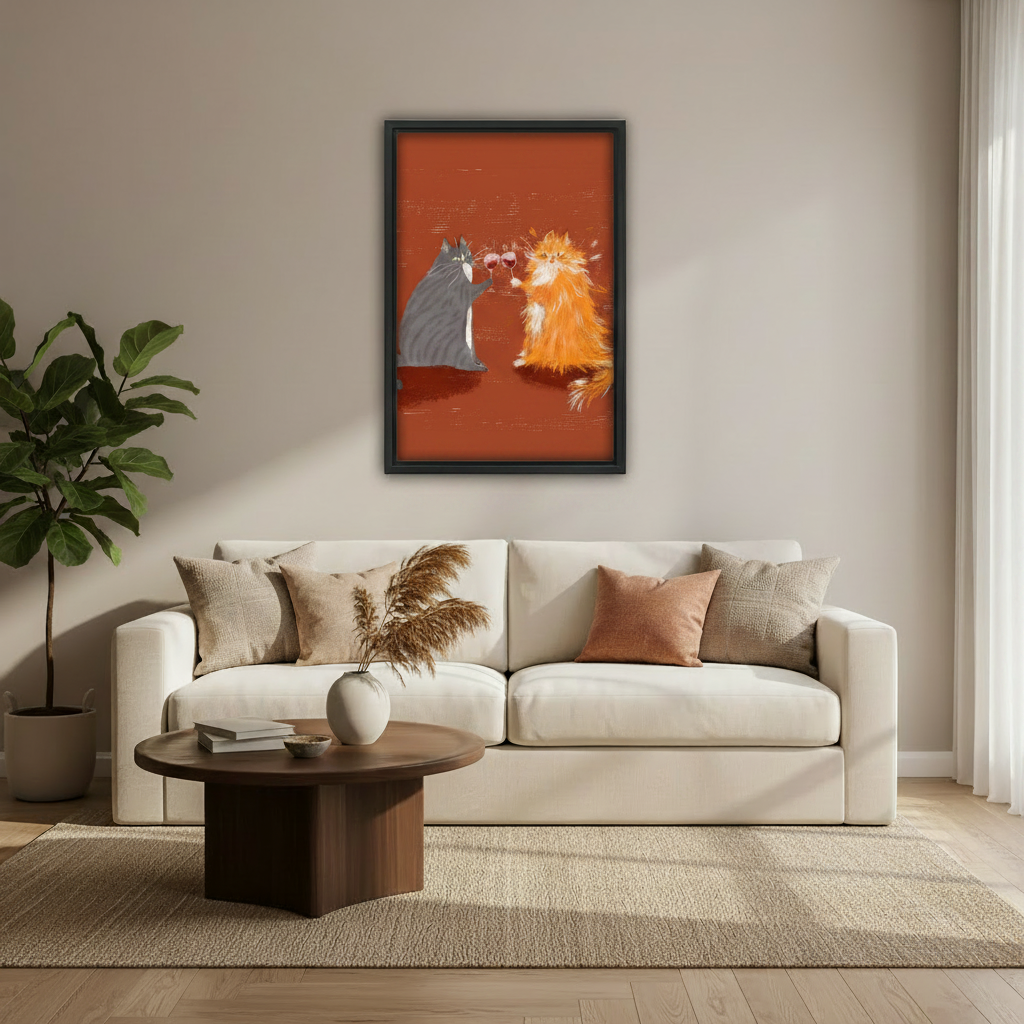 Retro gray and orange cats toasting wine canvas print in styled interior, warm toned cat wall decor