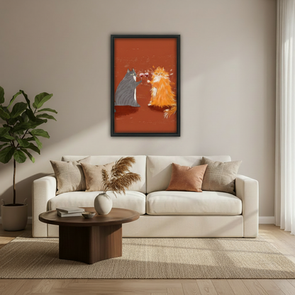 Retro gray and orange cats toasting wine canvas print in styled interior, warm toned cat wall decor
