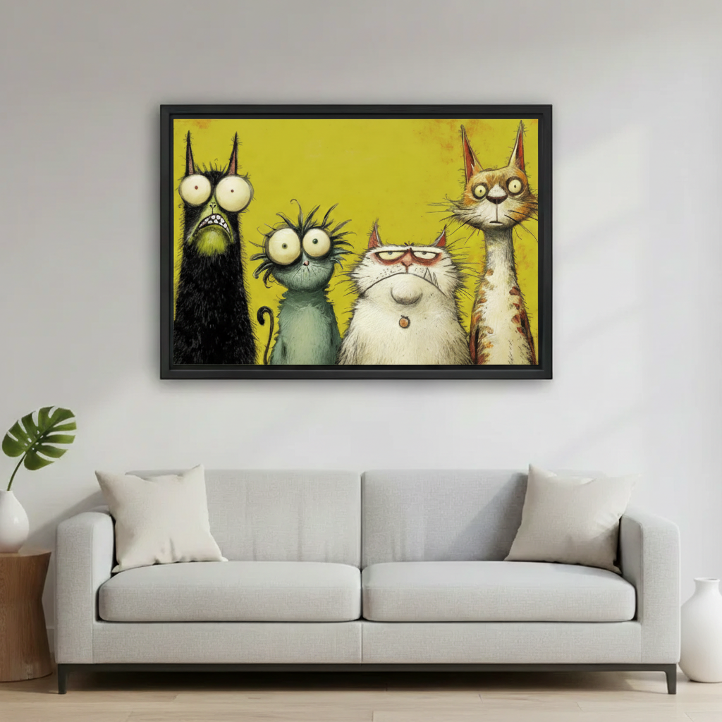 Crazy cats cartoon art print in black frame — humorous gothic-style cat illustration perfect for office or bedroom wall