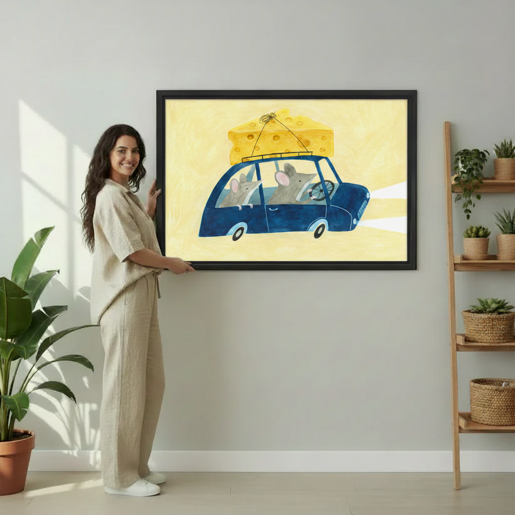Mice road trip watercolor kids wall art print — two cartoon mice in blue car with cheese on roof, framed in black
