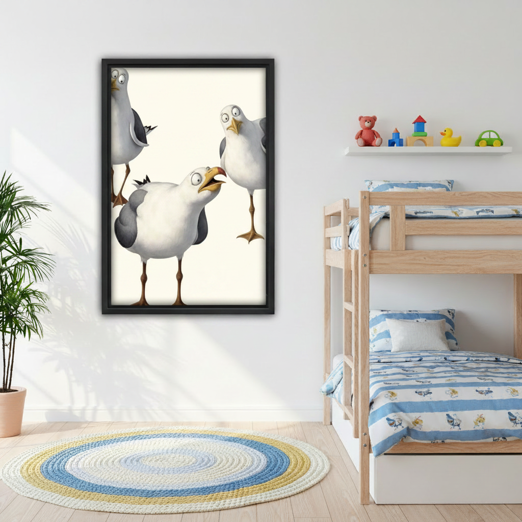 Chaotic cartoon seagull trio framed art print – black frame above cream sofa in coastal living room