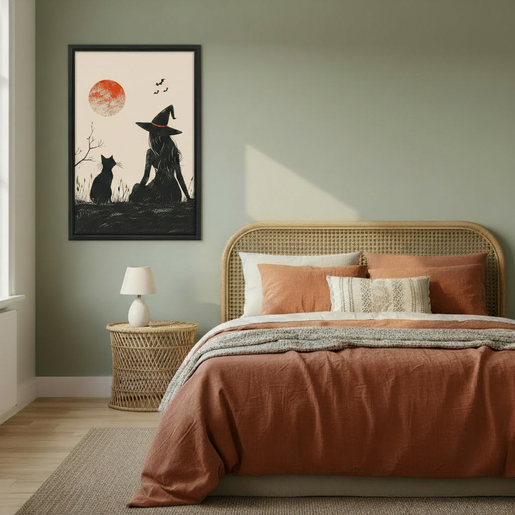 Halloween witch silhouette canvas wall art in black frame in cozy bedroom — black cat and red moon gothic decor above bed