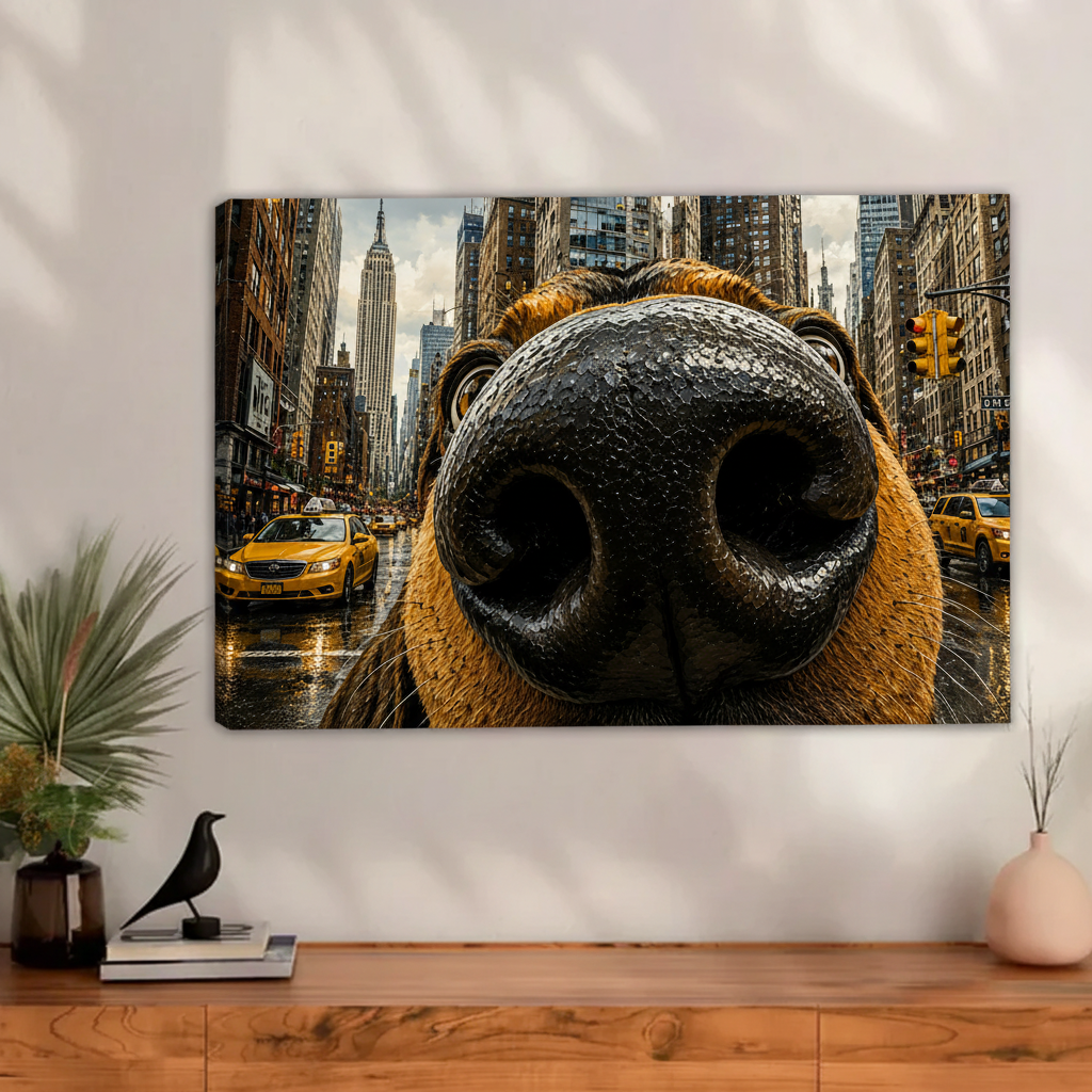 Funny dog NYC street scene gallery wrap canvas wall art, big nose dog photorealistic print for dog lovers