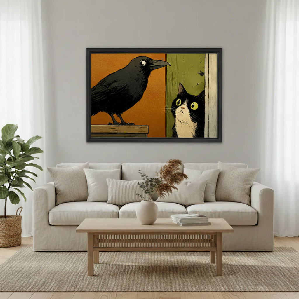 Retro animal wall art print, black crow facing curious cat, vintage comic style illustration decor