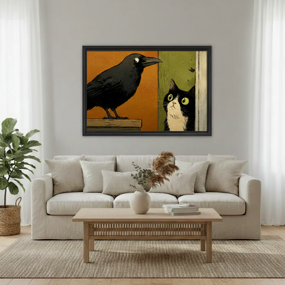 Retro animal wall art print, black crow facing curious cat, vintage comic style illustration decor