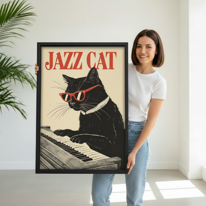 Woman holding Jazz Cat piano retro canvas wall art, funny black cat with red glasses framed print gift for music lovers