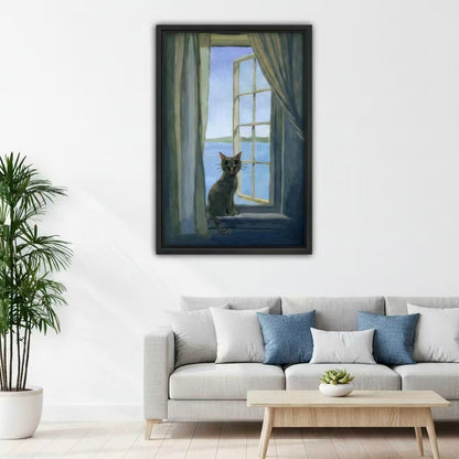 Vintage cat window oil painting canvas print, bedroom wall decor, above bed gallery wrap