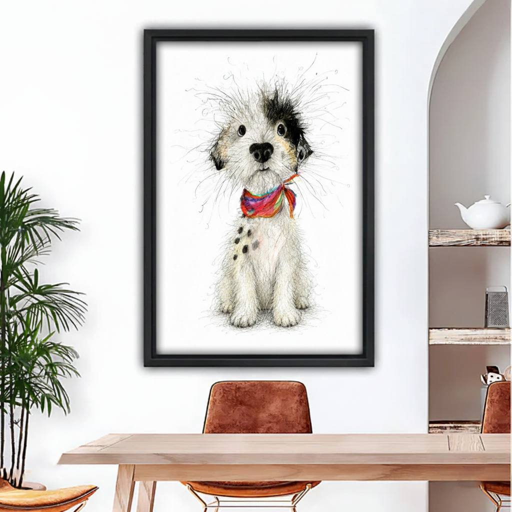 Fluffy scruffy dog rainbow bandana framed canvas wall art held by woman, wild-haired puppy ink sketch print, charming dog lover gift