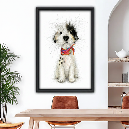 Fluffy scruffy dog rainbow bandana framed canvas wall art held by woman, wild-haired puppy ink sketch print, charming dog lover gift