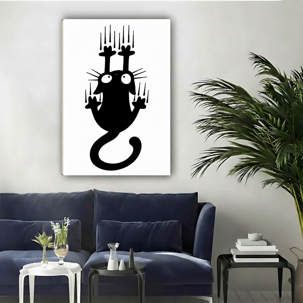 Black cat scratching wall minimalist gallery wrap canvas art, quirky black and white home decor print
