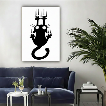Black cat scratching wall minimalist gallery wrap canvas art, quirky black and white home decor print
