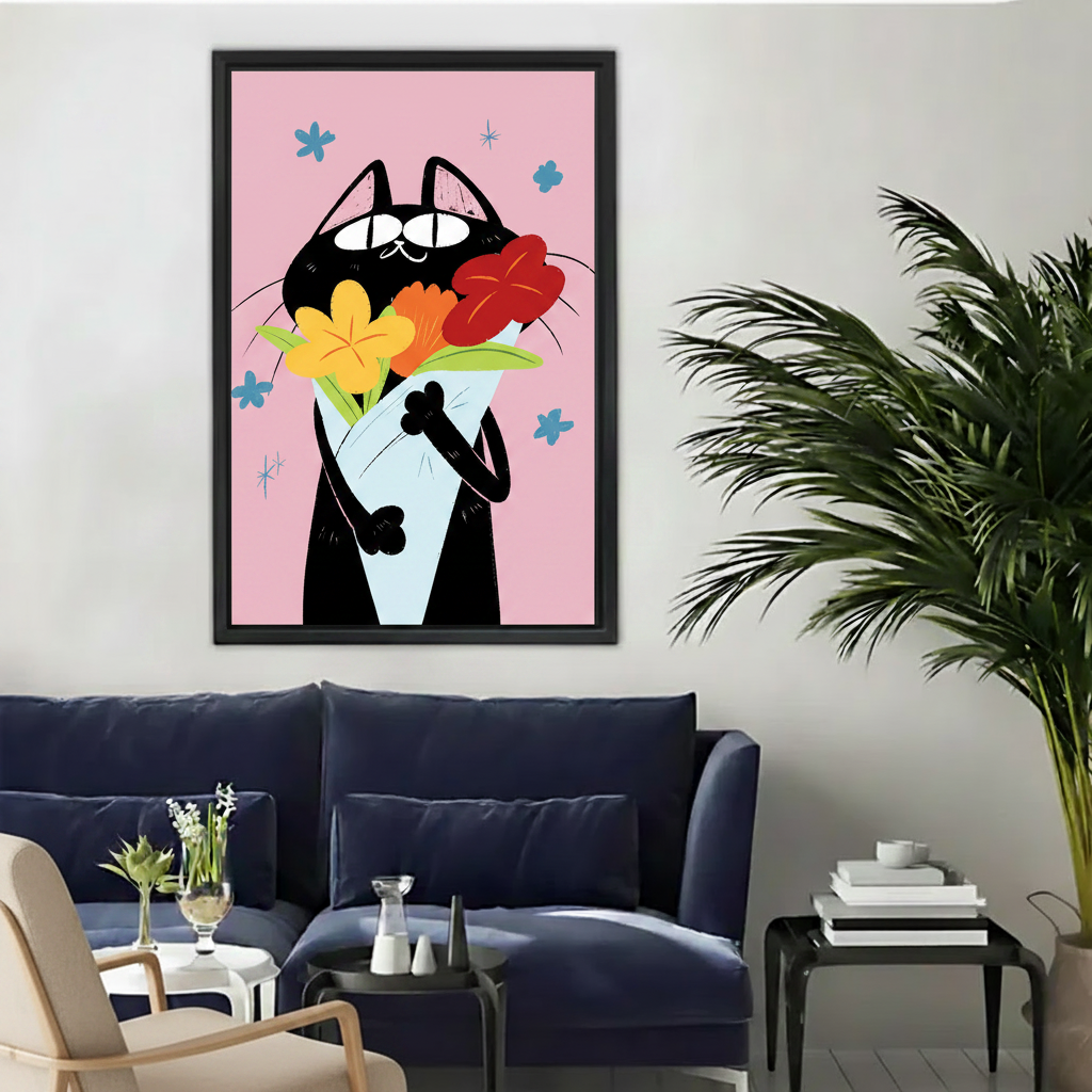 Black cat holding flower bouquet retro pink canvas wall art in black frame, dark blue sofa living room