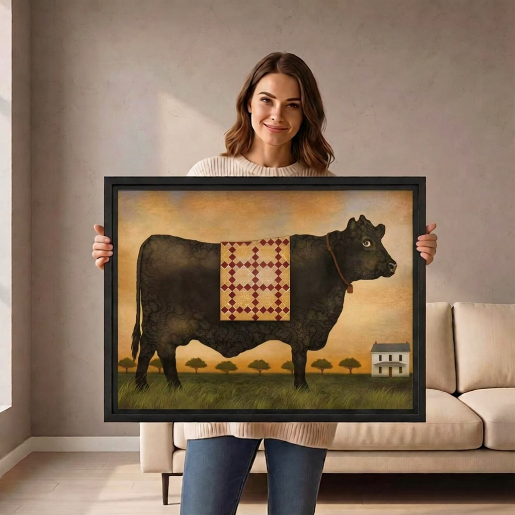 Rustic Folk Art Black Cow Canvas Wall Art | Framed & Unframed l4989