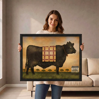Rustic Folk Art Black Cow Canvas Wall Art | Framed & Unframed l4989