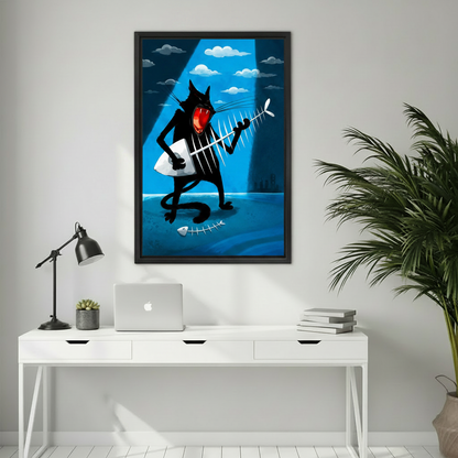 Black cat fish bone guitar pop art canvas print displayed in cozy living room, funny cat lover gift