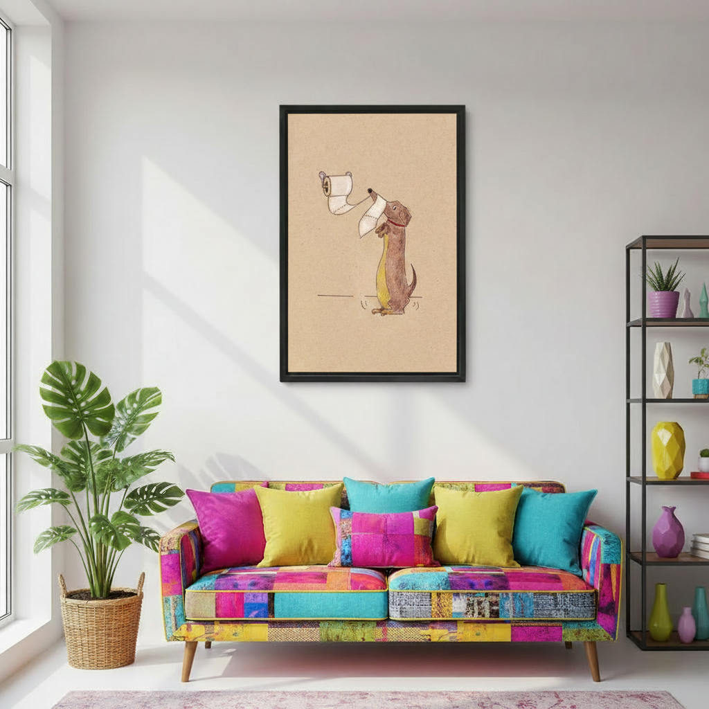 Dachshund toilet paper dog art print adding playful charm to cozy bedroom wall decor