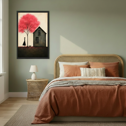 Red Tree Girl Cat Minimalist Canvas Wall Art l2623