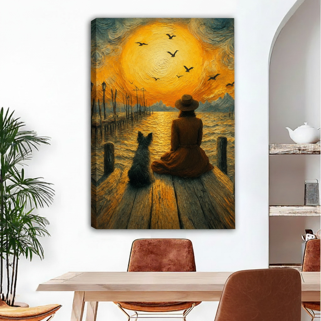 Unframed Van Gogh inspired sunset art print with woman and dog on pier – bold oil style wall decor