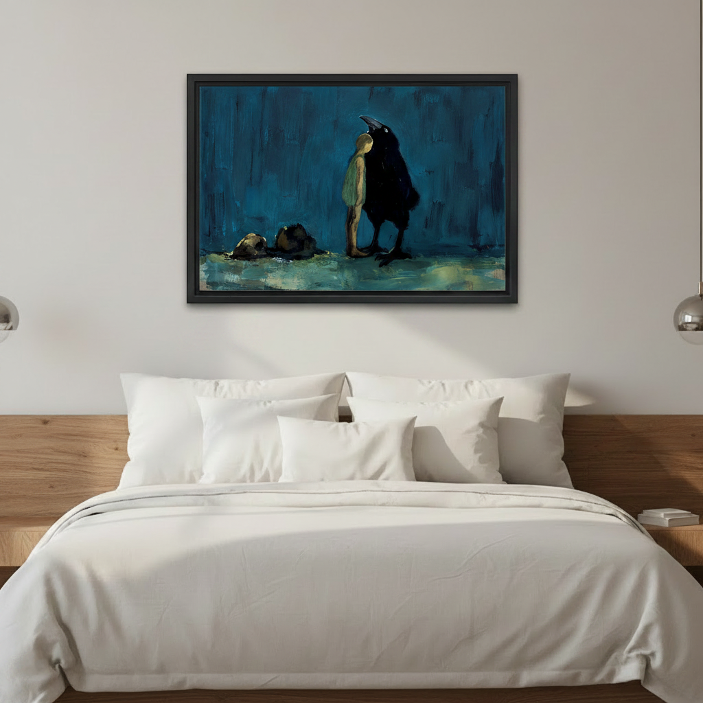 Dark surreal raven and boy framed canvas wall art hanging in living room, deep teal dramatic decor