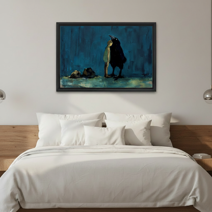 Dark surreal raven and boy framed canvas wall art hanging in living room, deep teal dramatic decor