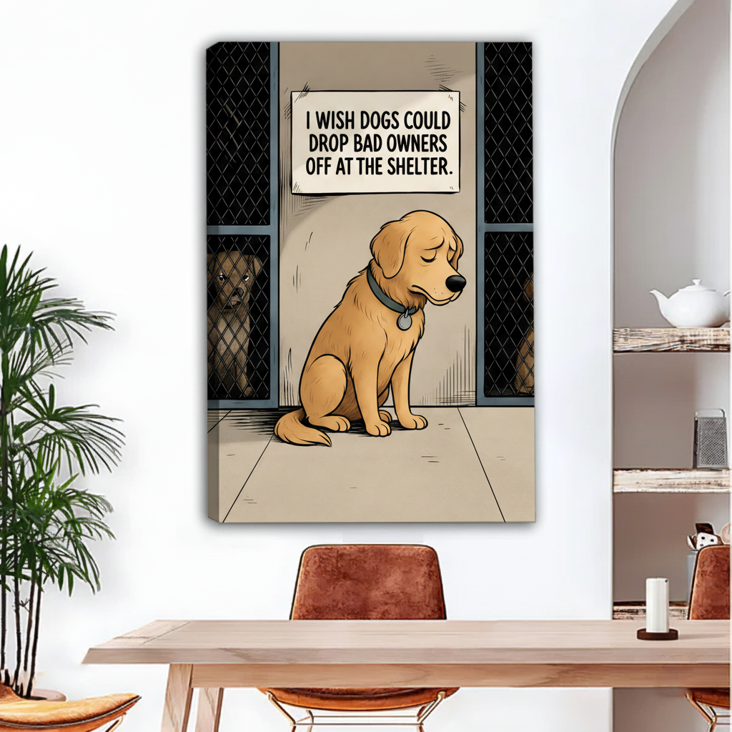 Humorous dog shelter comic art, gallery wrap frameless canvas, funny golden retriever illustration, living room wall decor